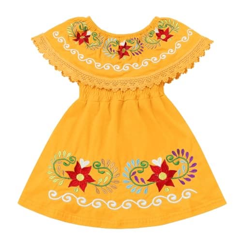 Baby Girls Mexican Dress Sleeveless Off Shoulder Flowers Embroidery Dresses Toddler Traditional Mexico Themed Birthday Party Clothe Cinco De Mayo Outfit Hawaii Holiday Casual Sundress Yellow 2-3T - Image 1