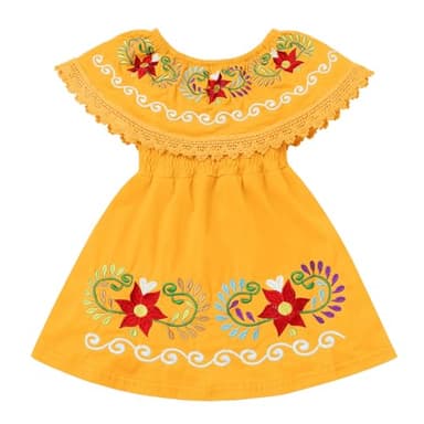 Baby Girls Mexican Dress Sleeveless Off Shoulder Flowers Embroidery Dresses Toddler Traditional Mexico Themed Birthday Party Clothe Cinco De Mayo Outfit Hawaii Holiday Casual Sundress Yellow 2-3T - Image 1