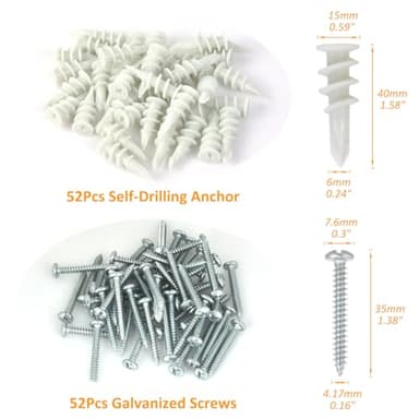 Self Drilling Drywall Anchors - 104Pcs Dry Wall Anchors and Screws Kit for Drywall,52 Self-Tapping/Threaded Plastic Sheetrock Anchors + 52#8 x 1-1/4'' Screws, Heavy Duty 75LB Hanging - Image 2