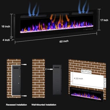 BETELNUT 60" Electric Fireplace Wall Mounted and Recessed with Remote Control, 750/1500W Ultra-Thin Wall Fireplace Heater W/Timer Adjustable Flame Color and Brightness, Log Set & Crystal Options - Image 4