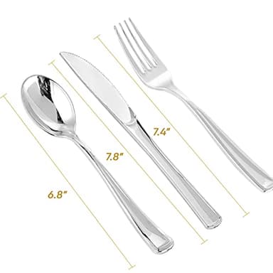 FOCUSLINE 300 Pack Silver Plastic Cutlery Set - 100 Forks, 100 Knives, 100 Spoons - Disposable Flatware Heavy Duty Plastic Silverware Set for Catering, Parties, Dinners, Weddings - Image 2