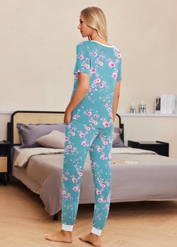 Ekouaer Pajamas for Women Set 2 Piece Lounge Set Short Sleeve Pjs Joggers Long Pants Sleepwear with Pockets - Image 5