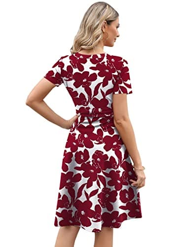 HELYO Summer Work Dresses for Women Professional Elegant 50s Office Casual Party Floral Print A-Line Dress with Pockets 162 Burgundy White XXL - Image 2