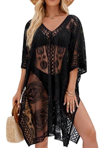 Women's Swimwear Cover-Up for Beach and Pool, Lace V-Neck Swimsuit Dress, Bikini Cover-Up (Black) - Image 1