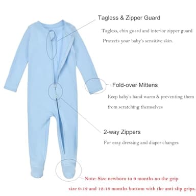 Aablexema Baby Footie Pajamas with Mittens - 3Pcs Infant Footed Sleeper Cotton Sleepwear Outfits(Blue/Grey/Stripe,Newborn) - Image 4