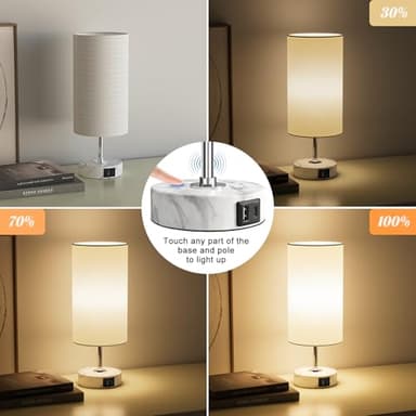 LuxeBeam 3-Way Dimmable Bedside Touch Lamp - USB-C and USB-A Ports, Faux Marble Base, White Shade with Silver Thread, Includes 8W LED Bulb for Bedroom, Living Room, Desk - Image 3