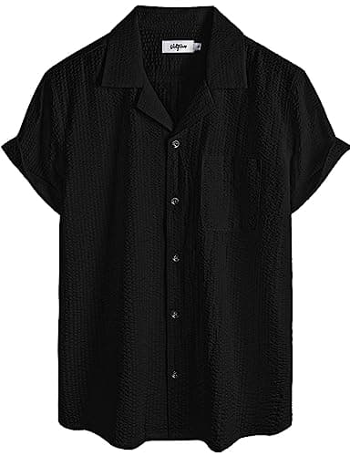 VATPAVE Mens Striped Summer Shirt Casual Button Down Short Sleeve Beach Shirts Cotton Linen Shirts for Men Large Pure Black - Image 1