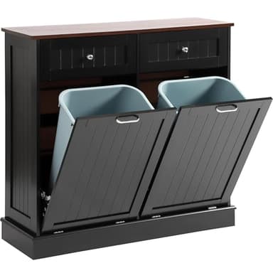 LOUVIXA Tilt Out Trash Can Cabinet Dog Proof with Double Wood Hidden Trash Can Holder, Kitchen Free Standing Recycling Cabinet（Black） - Image 1