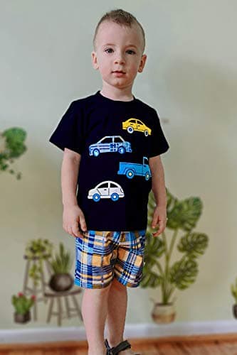 Funnymore Boy Summer Clothes,Navy Truck Short Sleeve T-Shirt and Short Outfit Set Size 7 - Image 2