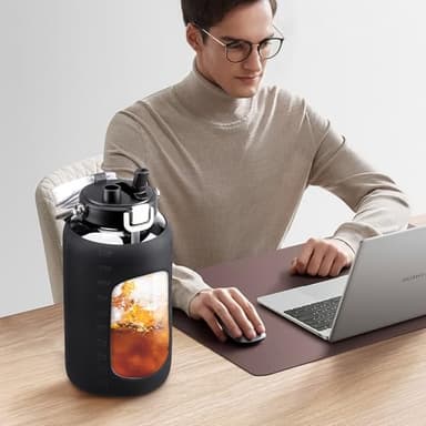 WINSA 84oz Glass Water Bottle with Stainless Steel Handle,2.5L Gallon Water Bottle with 2-IN-1 Straw Lid, Silicone Sleeve and Motivational Capacity Marker, Wide Mouth Water Jug For Gym, Workout, Black - Image 7