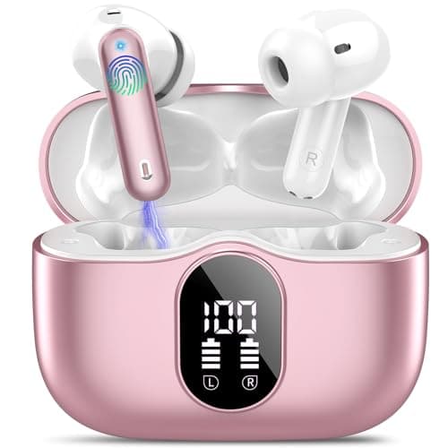 Wireless Earbuds, Bluetooth 5.4 Headphones Bass Stereo, Ear Buds with Noise Cancelling Mic, IP7 Waterproof in Ear Earphones, 36H LED Display Bluetooth Earbuds for Laptop Pad Phones Sports, Rose Gold