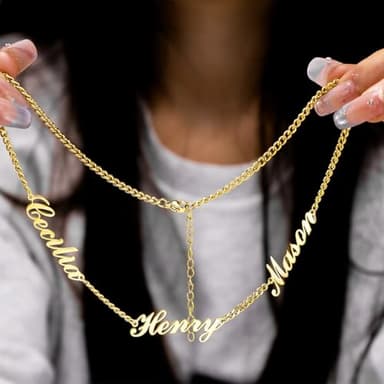 Personalized Name Necklace with Curb Chain, 18K Gold Plated Handmade Custom Family Choker Customized Child Nameplate Necklace Mother's Day Jewelry Gift for Mom, Wife (3 Names Necklace) - Image 7