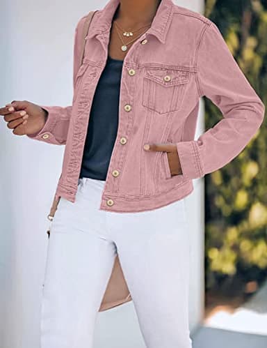 luvamia Women's Classic Casual Long Sleeves Jean Jackets for Women Button Down Trucker Jacket Coat Pink Medium Fits Size 8 / Size 10 - Image 6