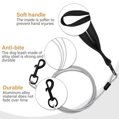 ZHOMA 5FT Heavy Duty Dog Leash for Large Dogs, Metal Chew Proof Dog Leash with Comfortable Leather Padded Handle, Stainless Steel Leash for Control Medium Small Dogs Training Walk Run -Silver(5FT) - Image 2