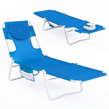 #WEJOY Folding Tanning Chair with Face Hole, 5 Positions Face Down Beach Lounge Chairs with Pillow for Outside Sunbathing Poolside (Blue) - Image 1