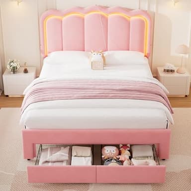 Queen Upholstered LED Bed Frame with 2 Storage Drawers and Adjustable Chic Double Wavy Headboard, Velvet Princess Platform Bed with Charing Station, Solid Wood Slats Support,No Box Spring Needed, Pink - Image 3