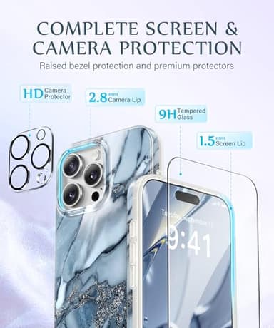 GVIEWIN for iPhone 16 Pro Case Compatible with MagSafe, with Screen & Lens Protectors, Military-Grade Protection Slim Marble Shockproof Magnetic Phone Case for 16 Pro 6.3", Azurite Drift/Blue - Image 7