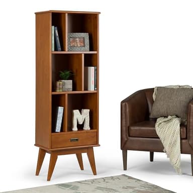 SIMPLIHOME Draper Bookcase - 64 inch Tall Solid Hardwood Storage Bookshelf in Teak Brown, Mid-Century Modern Storage for Living Room, Study Room or Office with Adjustable Shelves and Angled Legs - Image 12
