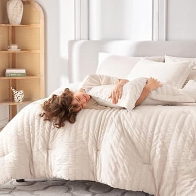 MUXHOMO 7 Pieces Queen Comforter Set, Seersucker Bed in a Bag Queen Size, All Season Luxury Bedding Set with Comforter, Flat Sheet, Fitted Sheet, Pillowcases & Shams, Beige - Image 7