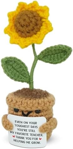 OASSIE Christmas Teacher Gifts for Women - Handmade Positive Crochet Sunflower with Card - End of The Year Graduation Birthday Thank You Gifts for Teachers Coworkers, Crochet Flowers for Desk Decor - Image 3