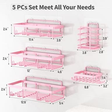 Liuoud 5 Pack Shower Caddy Organizer Rack Shelf for Inside Shower, Adhesive Bathroom Wall Storage Basket Rustproof Stainless Steel Shampoo Holder, Girly Bathroom Accessory Decor Set, Pink - Image 5