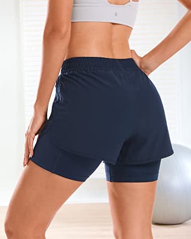 Stelle Women 2 in 1 Running Shorts High Waisted Athletic Shorts Gym Workout Shorts with Liner Zipper Pockets (Navy, L) - Image 3
