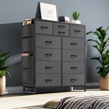 Lulive Dresser for Bedroom with 12 Drawers, Tall Dresser Chest of Drawers with Side Pockets and Hooks, Fabric Dresser Storage Tower for Closet, Hallway, Living Room (Dark Grey) - Image 2