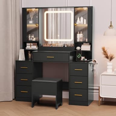 BORNOON Makeup Vanity with LED Light Strip Mirror and Chair, 7 Drawers & 2 RGB Cabinets Black Vanity Makeup Desk with Power Strip, Adjustable LED Lighting, and Cushioned Stool for Women, Girls, Teens - Image 2