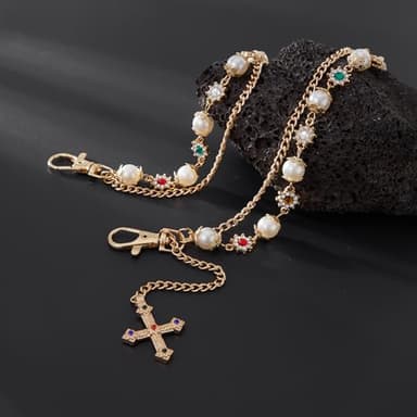 Fashion Layered Pants Wallet Chains - Exquisite Gold Silver Rhinestone Flower Pearl Jean Pocket Chain for Women Men Cute Bag Purse Charms Jewelry (link gold) - Image 7