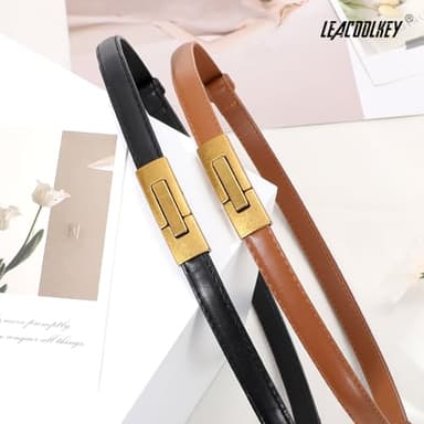 LEACOOLKEY 2 Pack Women Skinny Leather Belts Ladies Vintage Gold Buckle Thin Waist Belts for Dresses Black+Brown - Image 6