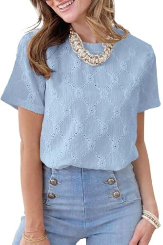 Dokotoo Womens Spring Tops for Women 2025 Trendy Dressy Casual Eyelet Embroidery Hollow Out Lace Crochet Short Sleeve Shirts for Women Summer Loose Blouse Tunic Top Tee T Shirt for Work Sky Blue M - Image 1