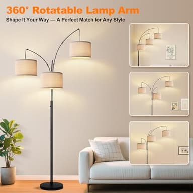 Dimmable Floor Lamp - 3 Lights Arc Floor Lamps for Living Room, 1000LM Modern Tall Standing Lamp With Beige Shades & Heavy Base, Mid Century Tree Floor Lamp for Bedroom Office, 3 LED Bulbs Included - Image 5