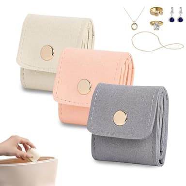 Mini Travel Jewelry Bag, Portable Foldable Mini Travel Jewelry Roll Bag with Buckle, Small Jewelry Box for Travel Essentials, Earrings, Rings, Necklaces (White, Pink and Gray) - Image 1
