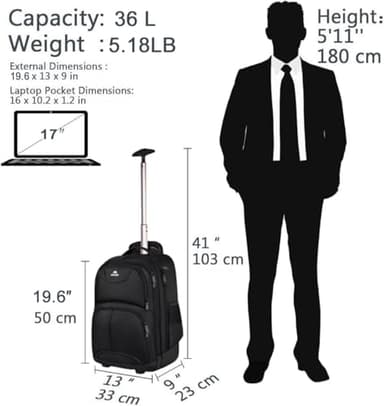 MATEIN Rolling Backpack, 17 inch Water Resistant Wheeled Laptop Backpack, Carry on Luggage Business Bag, Overnight College Computer Bag Trolley Suitcase for Men Women Adults to Travel, Black - Image 8
