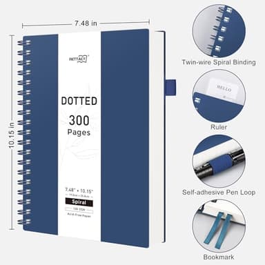 RETTACY Bullet Dotted Journal Notebook, 300 Pages, B5 Medium Size (7.4'' × 10''), 100 GSM Thick Paper, Flexible Plastic Cover, Spiral-bound, for Bullet Journaling, Planning, Tracking (Navy Blue) - Image 2