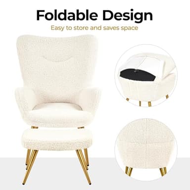 Yaheetech Boucle Accent Chair and Ottoman Set, Sherpa Armchair with Golden Metal Legs, High Back Reading Chair and Footstool for Living Room, Bedroom, Lounge, Ivory - Image 5
