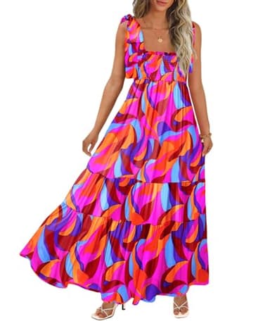 Women's Summer Maxi Dress Boho Spaghetti Straps Casual Long A-line Smocked Beach Dress Square Neck Flowy Sun Dresses Green Colorful XL - Image 1