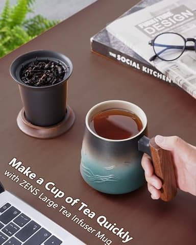 ZENS Embossed Ceramic Tea Mug with Infuser and Lid, 14.5 oz Wooden Handle, Loose Leaf Tea Steeper Cup & Strainer for Tea Lovers Gifts - Image 7