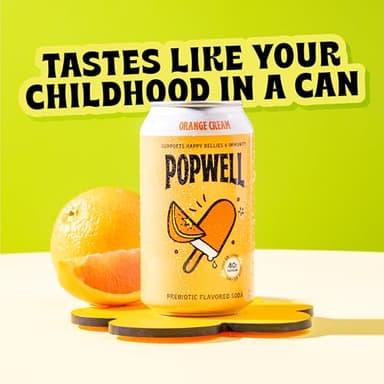 Popwell Orange Cream Caffeinated Better-For-You Prebiotic Soda, with 6g Fiber, 1g Sugar, Vitamins and Immunity Support, 12 fl oz Cans (pack of 12) - Image 3