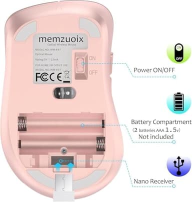 memzuoix 2.4G Wireless Mouse, 1400 DPI Computer Mice with USB Receiver, Portable Wireless USB Mouse Battery Powered Cordless Mice for Laptop, PC, Desktop, 5 Buttons (White Pink - Image 9