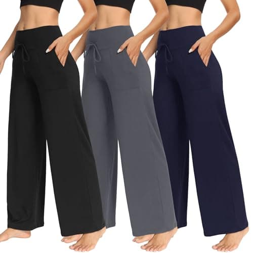 TNNZEET 3 Pack Women's Wide Leg Pants with Pockets - Casual Loose Yoga Trouser Pants Sweatpants Palazzo Lounge Pajama Pants - Image 1