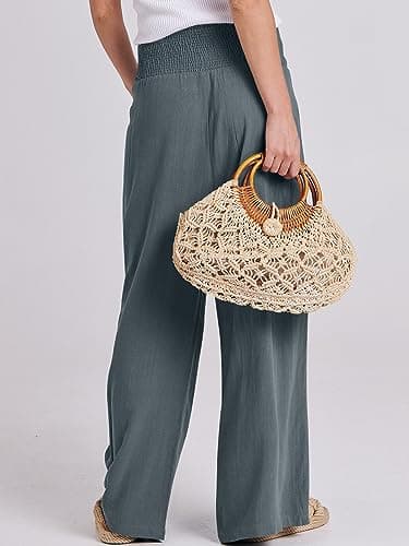 ANRABESS Women Linen Palazzo Pants Summer Boho Wide Leg High Waist Casual Lounge Pant 2025 Beach Travel Vacation Outfits Grey Small - Image 4