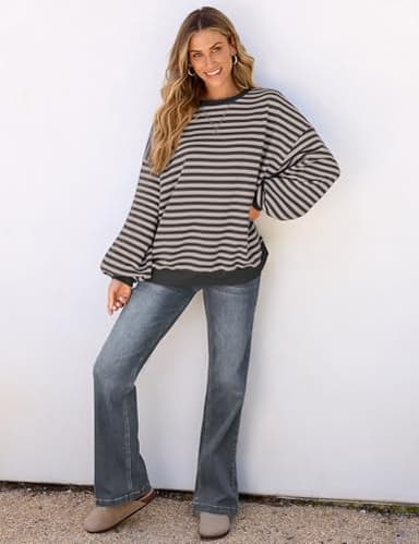 UEU Women's Striped Oversized Color Block Crewneck Long Sleeve Fashion Trendy Sweatshirt Gray X-Large - Image 4