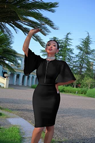 Memoriesea Women's Basic Bodycon Ruffle Flared Short Sleeve Pencil Midi Dress Black - Image 4