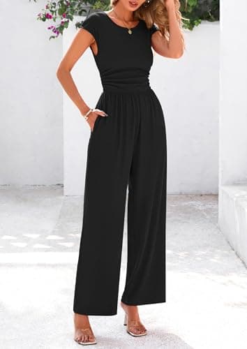 PRETTYGARDEN Summer Jumpsuits for Women Dressy 2025 Ribbed Cap Sleeve Wide Leg Pants Rompers Elegant Casual One Piece Outfits (Black,Medium) - Image 4