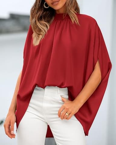 BTFBM Womens Summer Tops 2025 Fall Mock Neck Batwing Sleeve Shirts Loose High Low Hem Oversized Dressy Casual Blouses(Red, Medium) - Image 6
