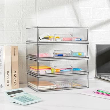 Vtopmart 12.1''W Clear Stackable Storage Drawers,4 Pack Acrylic Plastic Organizers Bins for Makeup Palettes, Cosmetics, and Beauty Supplies,Ideal for Vanity, Bathroom,Cabinet,Desk Organization - Image 6
