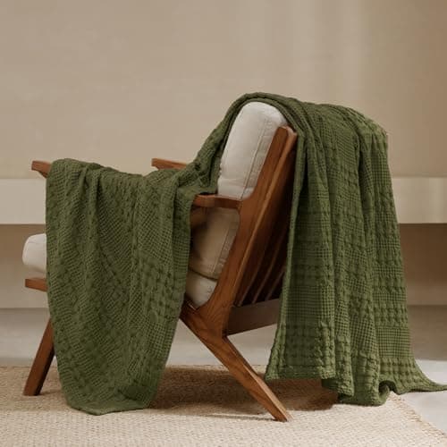 PHF 100% Cotton Waffle Weave Throw Blanket, Soft Lightweight Breathable Cozy Throws for Couch Bed Sofa, Luxury Aesthetic Woven Blanket for Home Decor & Office, 50"x60", Capulet Olive - Image 1