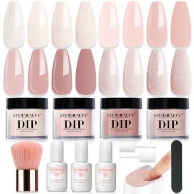 AZUREBEAUTY Dip Powder Nail Kit Starter, All Season Nude Skin Glitter 4 Colors Dipping Powder Liquid Set Recycling Tray with Base & Top Coat Activator for French Nail Art Manicure Salon DIY at Home. - Image 1