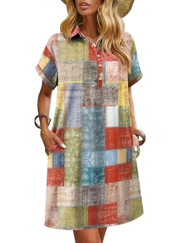 HOTOUCH Women's Button Down Dress 2025 Summer Beach Short Sleeve Casual Loose Dress Tunic Dresses with Pockets Color Block XL - Image 6